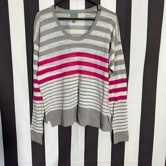 C&C CALIFORNIA Stripe Top Long Sleeve Semi Sheer Scoop Neck White Women's M - Picture 1 of 5